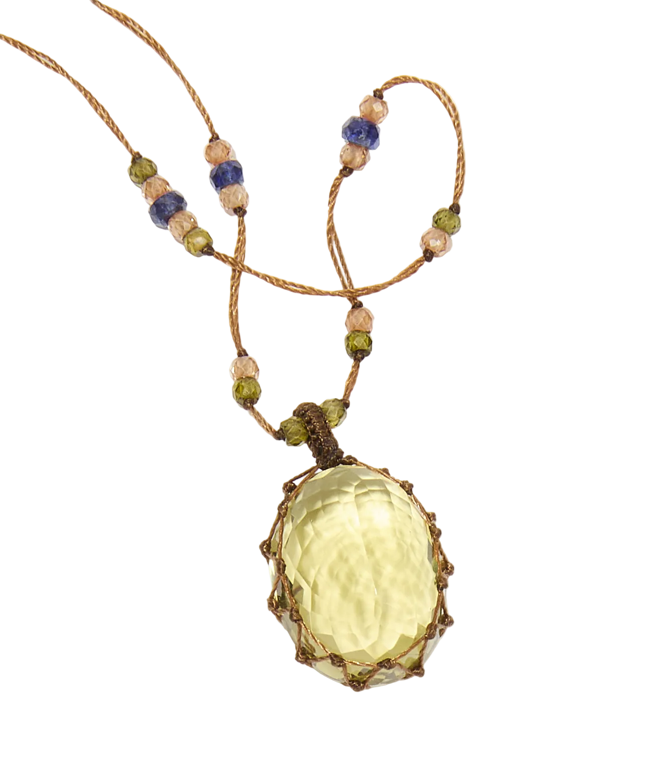 Collier court tibétain - Olive Quartz - Mix Saphir - Fil Beige