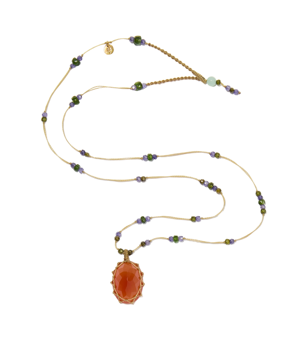 Collier court tibétain - Cornaline - Mix Tourmaline Rose - Fil Tabac