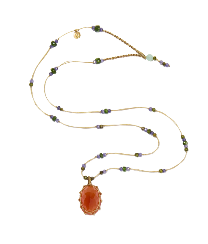 Collier court tibétain - Cornaline - Mix Tourmaline Rose - Fil Tabac