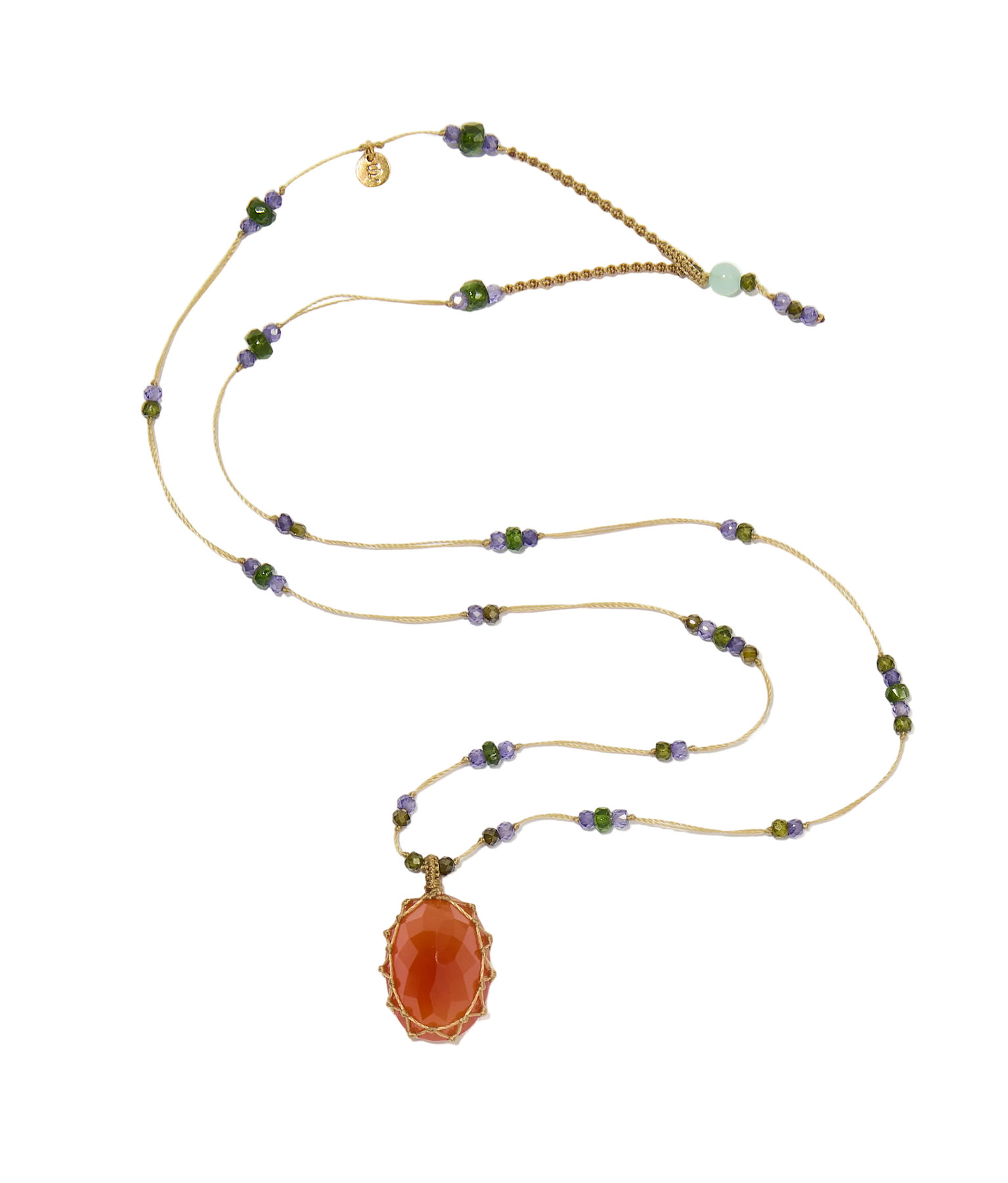 Collier court tibétain - Cornaline - Mix Tourmaline Rose - Fil Tabac