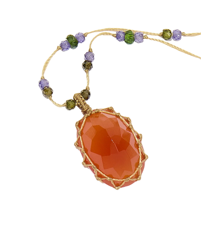 Collier court tibétain - Cornaline - Mix Tourmaline Rose - Fil Tabac