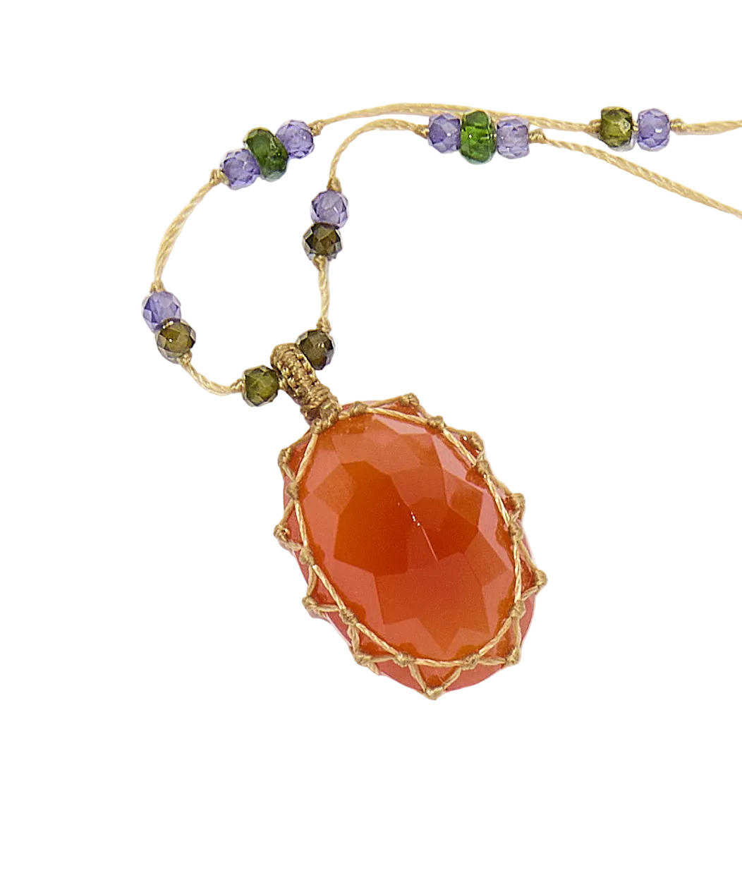 Collier court tibétain - Cornaline - Mix Tourmaline Rose - Fil Tabac