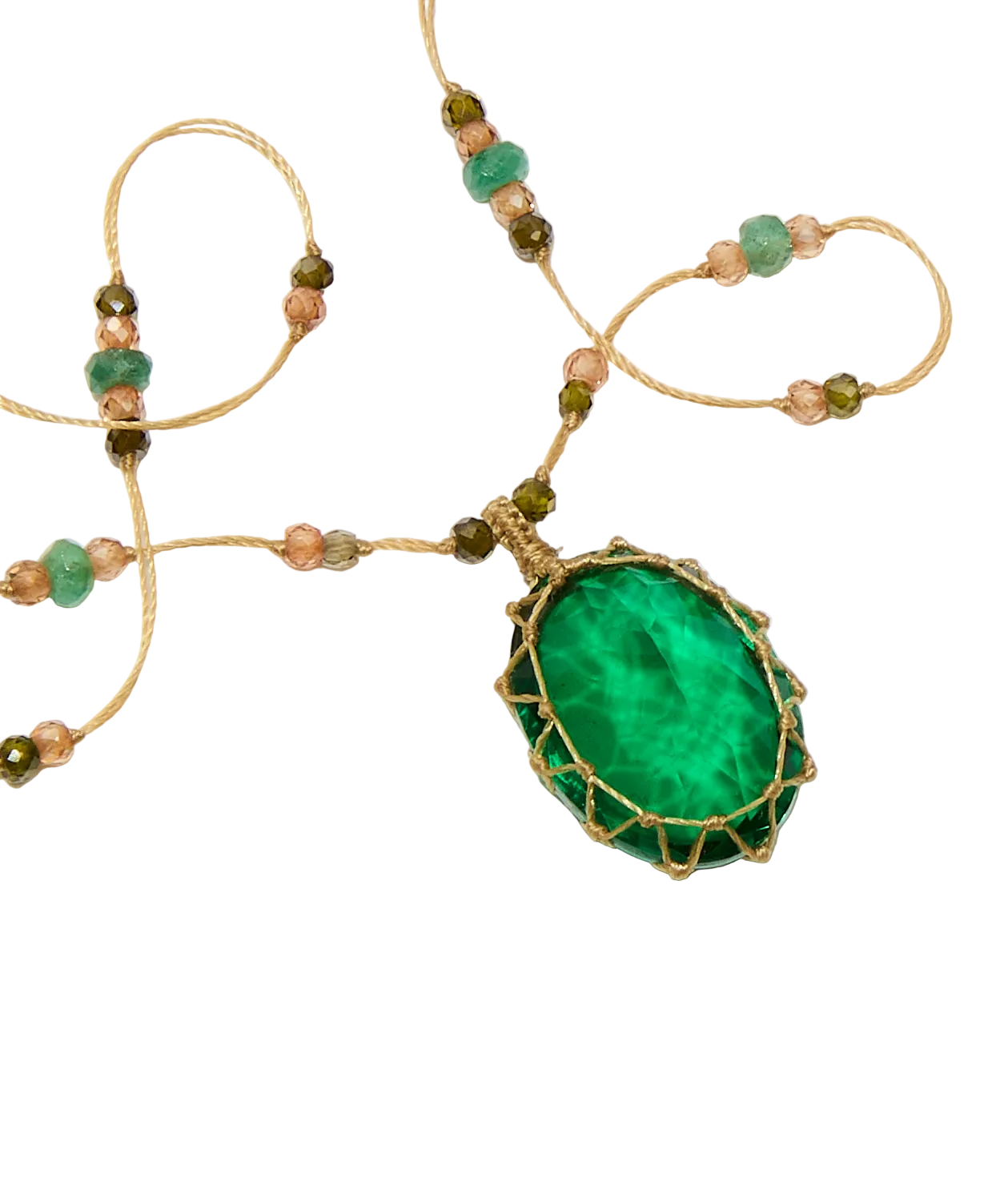 Kollier Court Tibétain - Mondstein - Smaragd-Mix - Beiger Faden