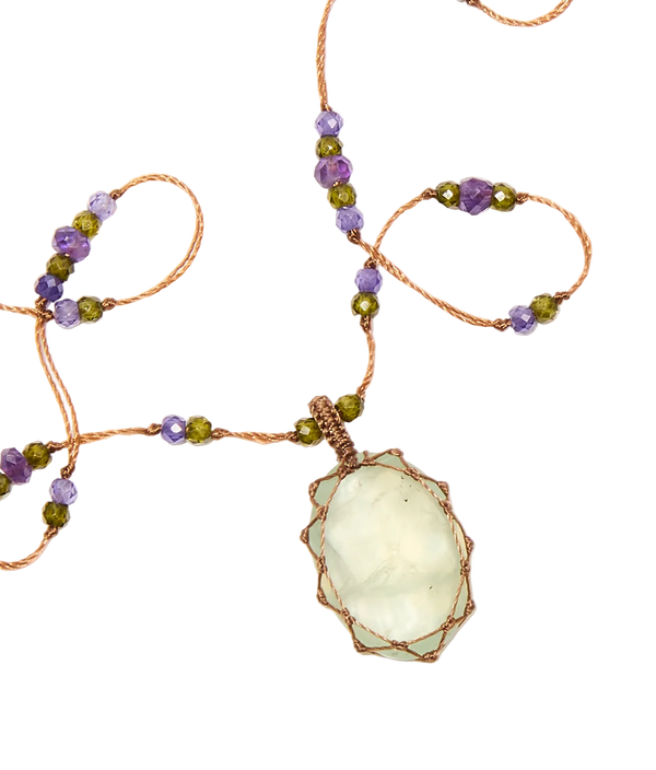 Collier Court Tibétain - Prehnite - Mix Améthyste - Fil Tabac