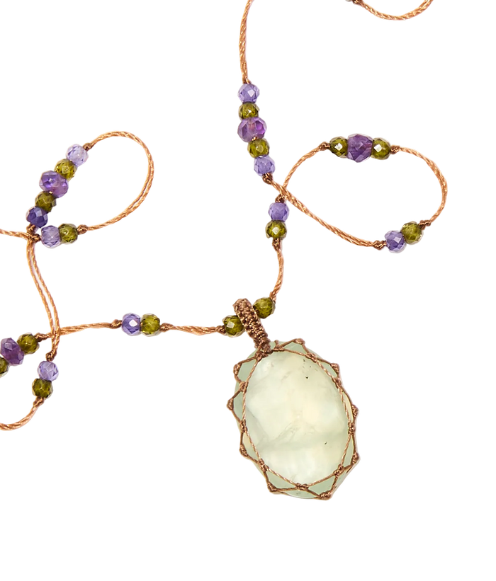 Short Tibetan Necklace - Prehnite - Mixed Tourmaline - Beige Thread