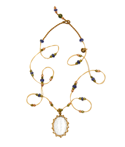 Tibetan short necklace - Crystal Quartz - Mix Emerald - Tobacco thread