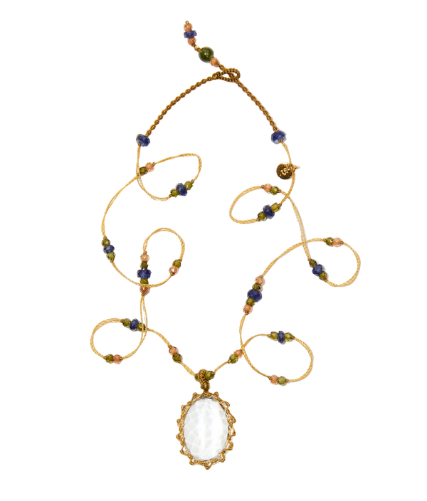 Collier Court Tibétain - Crystal Quartz - Mix Saphir - Fil Beige