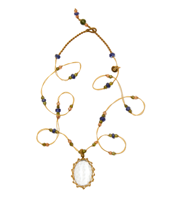 Collier Court Tibétain - Crystal Quartz - Mix Saphir - Fil Beige