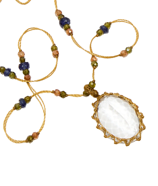 Collier Court Tibétain - Crystal Quartz - Mix Saphir - Fil Beige