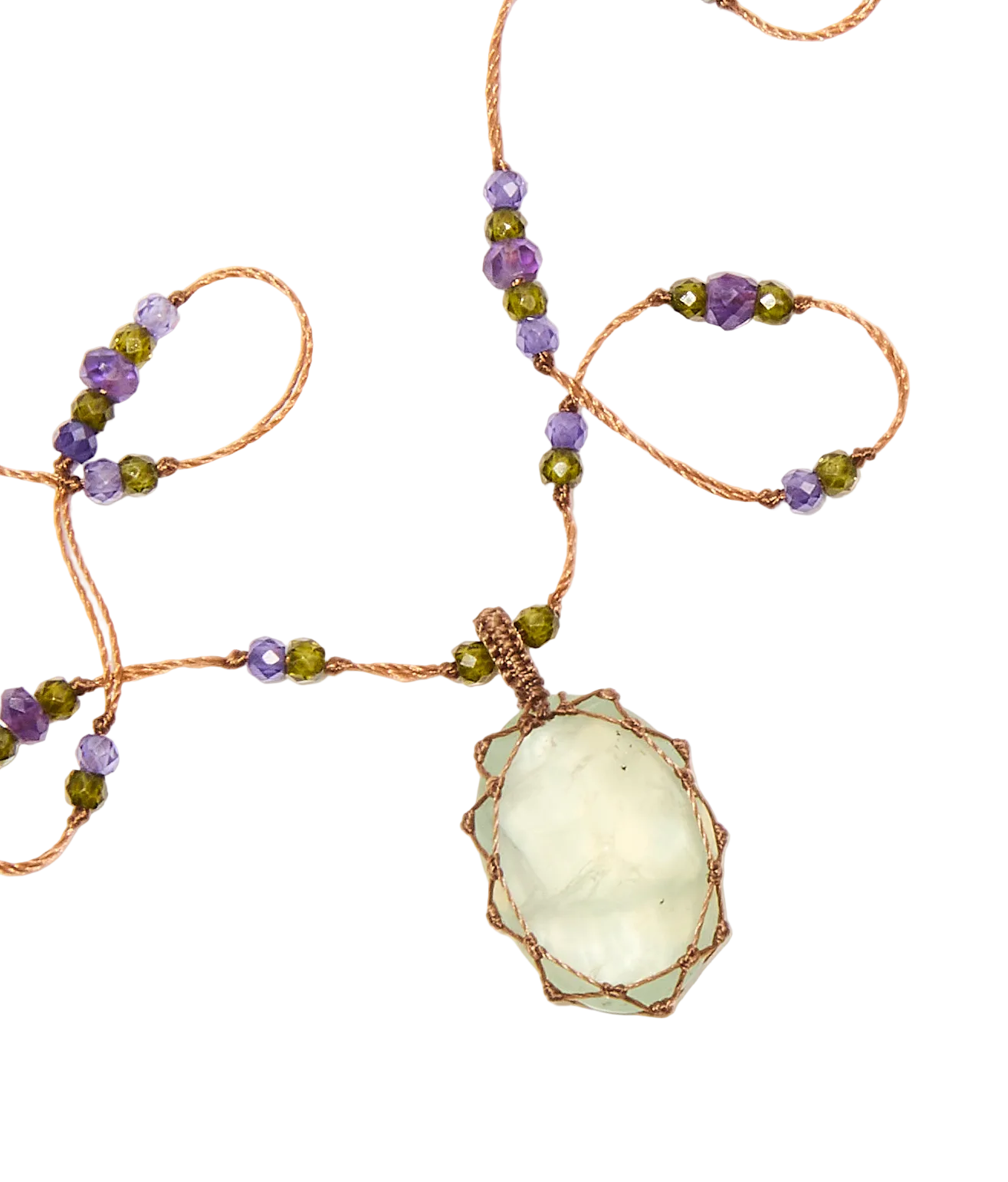 Collier Court Tibétain - Prehnite - Mix Améthyste - Fil Tabac