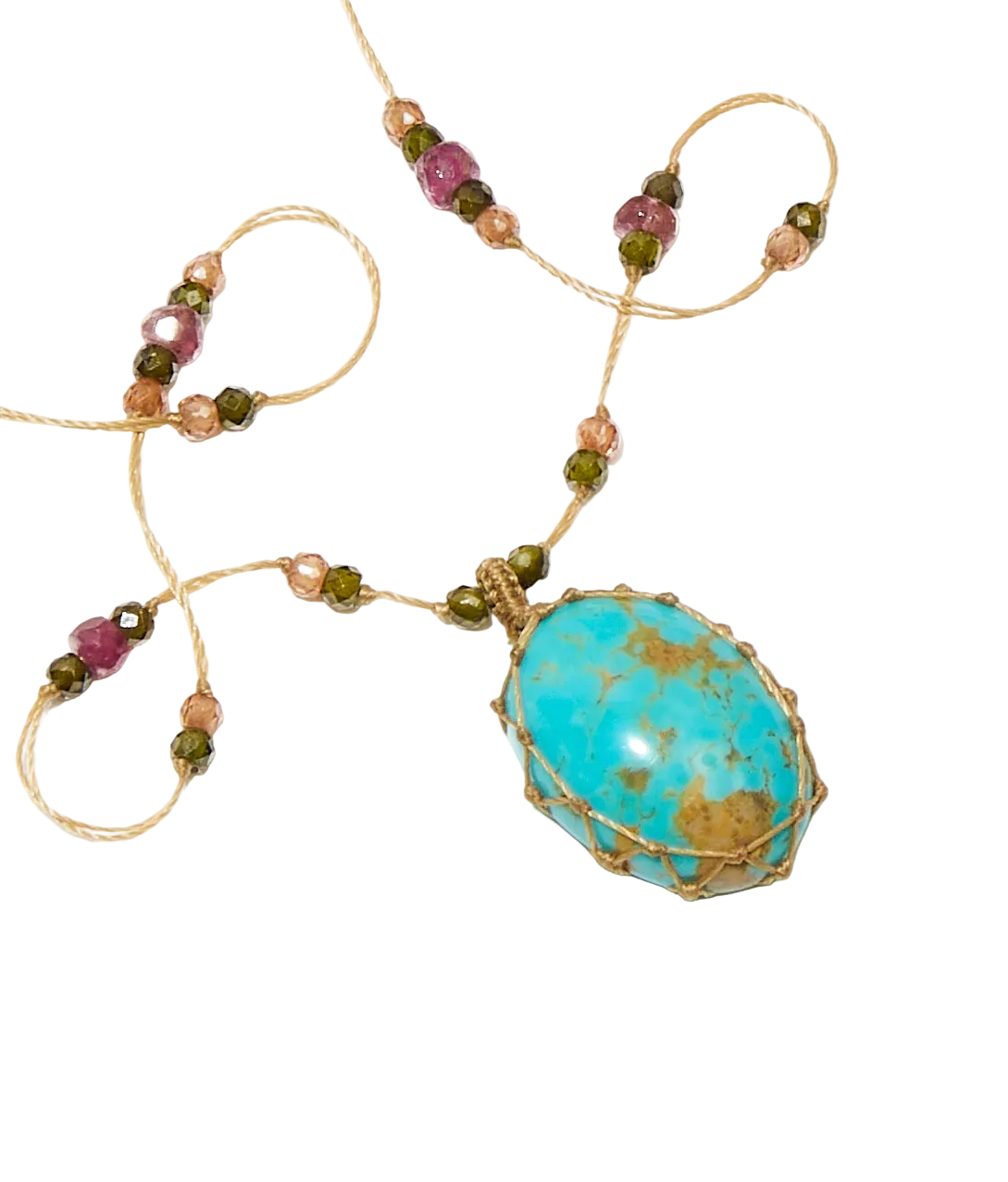 Collier Court Tibétain - Turquoise - Mix Tourmaline - Fil Beige