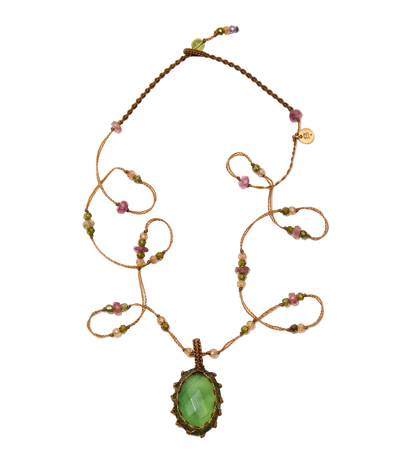 Collier Corto Tibetano - Vesuvanite - Mix Turmalina Rosa - Filo Tabacco