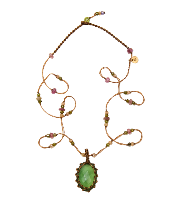 Collier Court Tibétain - Serpentine - Mix Tourmaline Rose - Fil Tabac