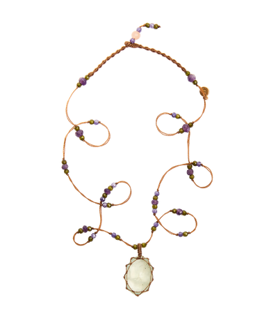 Collier Court Tibétain - Prehnite - Mix Améthyste - Fil Tabac