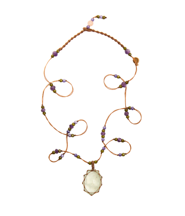 Collier Court Tibétain - Prehnite - Mix Améthyste - Fil Tabac