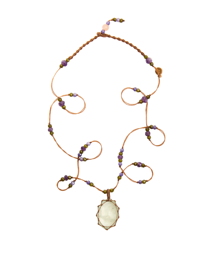 Short Tibetan Necklace - Prehnite - Mixed Tourmaline - Beige Thread