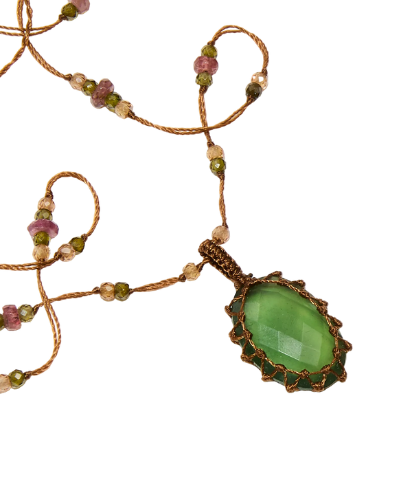 Collier Court Tibétain - Serpentine - Mix Tourmaline Rose - Fil Tabac