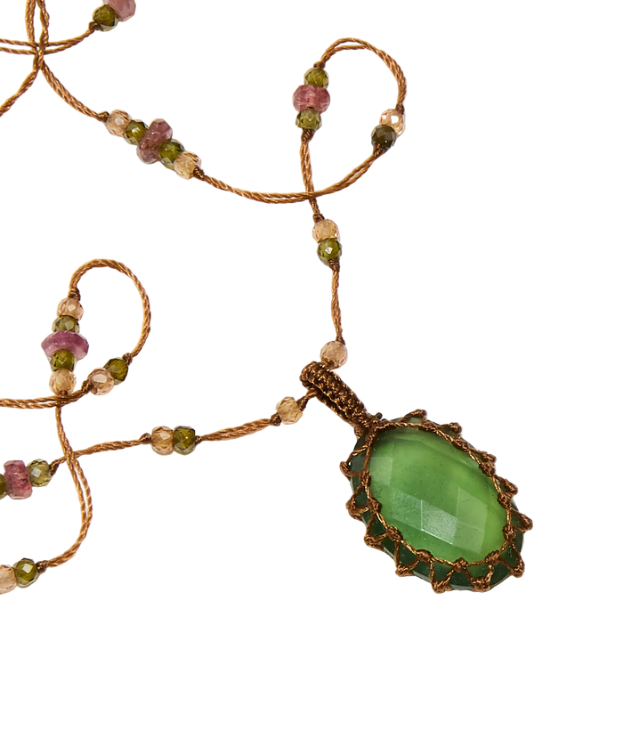 Collier Court Tibétain - Serpentine - Mix Tourmaline Rose - Fil Tabac