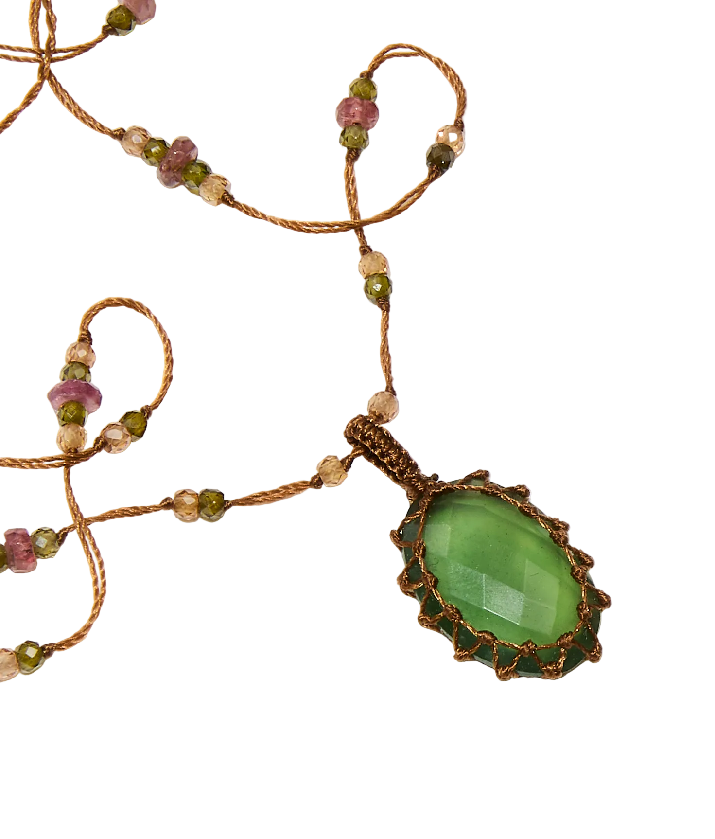 Collier Court Tibétain - Serpentine - Mix Tourmaline Rose - Fil Tabac