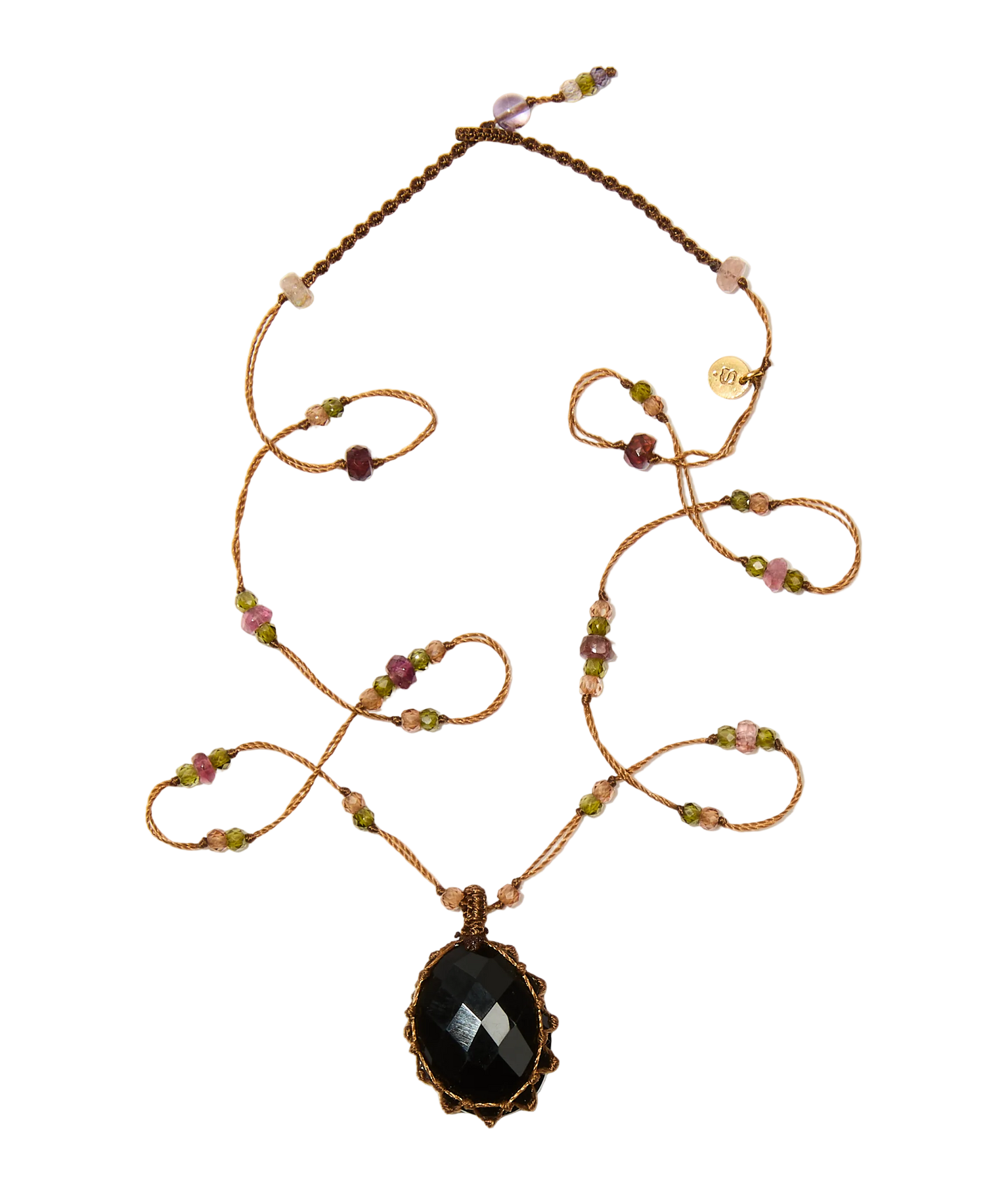 Collana Corta Tibetana - Onice Nero - Mix Tormalina Rosa - Filo Beige