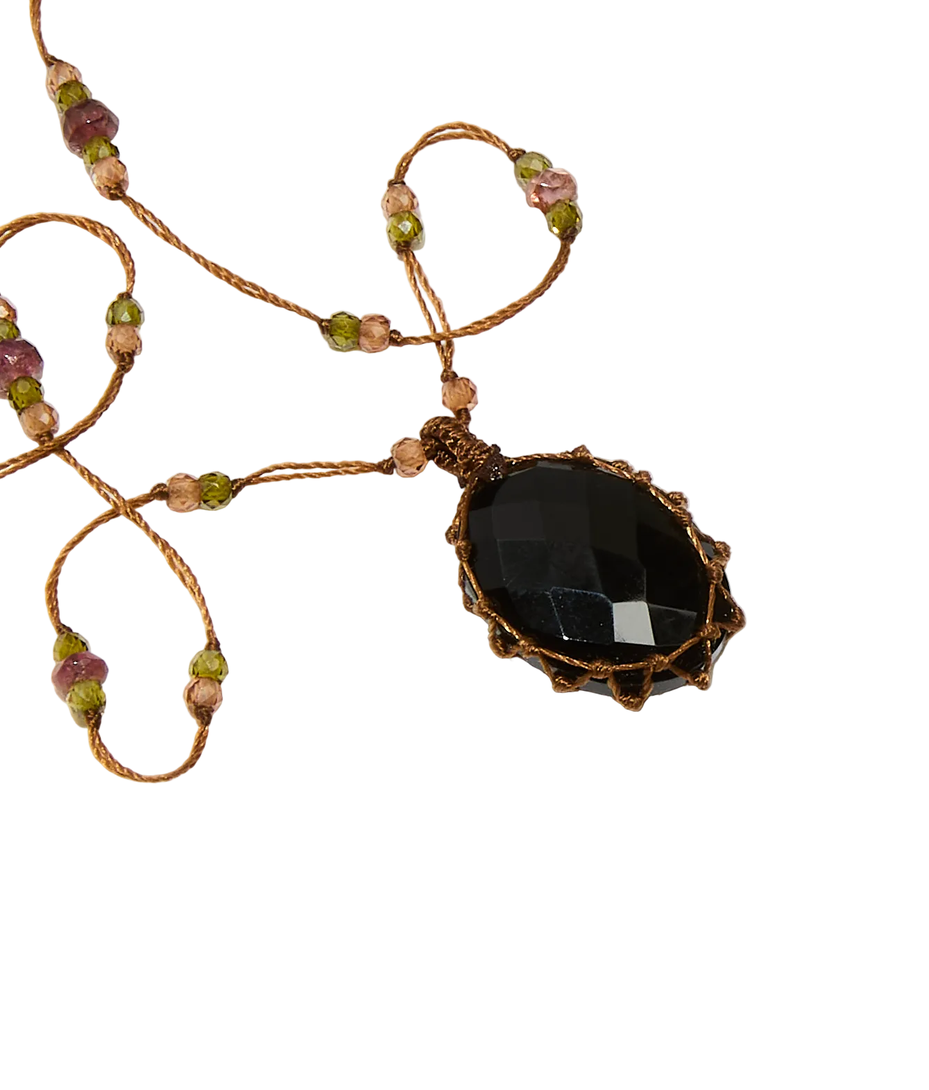 Collier Court Tibétain - Onyx Noir - Mix Tourmaline Rose - Fil Tabac