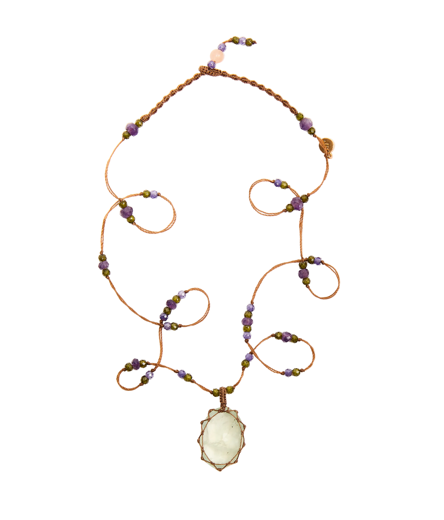 Collier Court Tibétain - Prehnite - Mix Améthyste - Fil Tabac