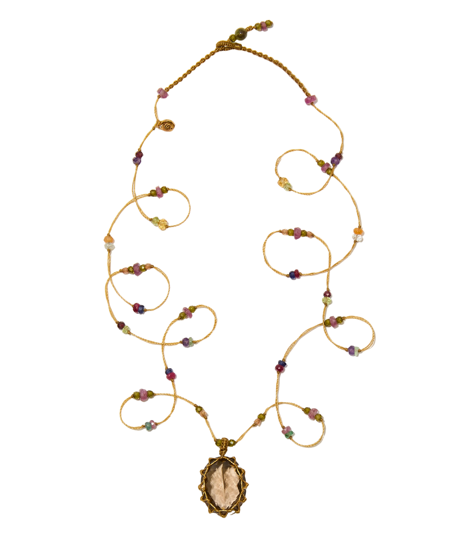 Sautoir Tibétain - Rauchquarz - Mix Multi Steine - Tabakfarbenes Band