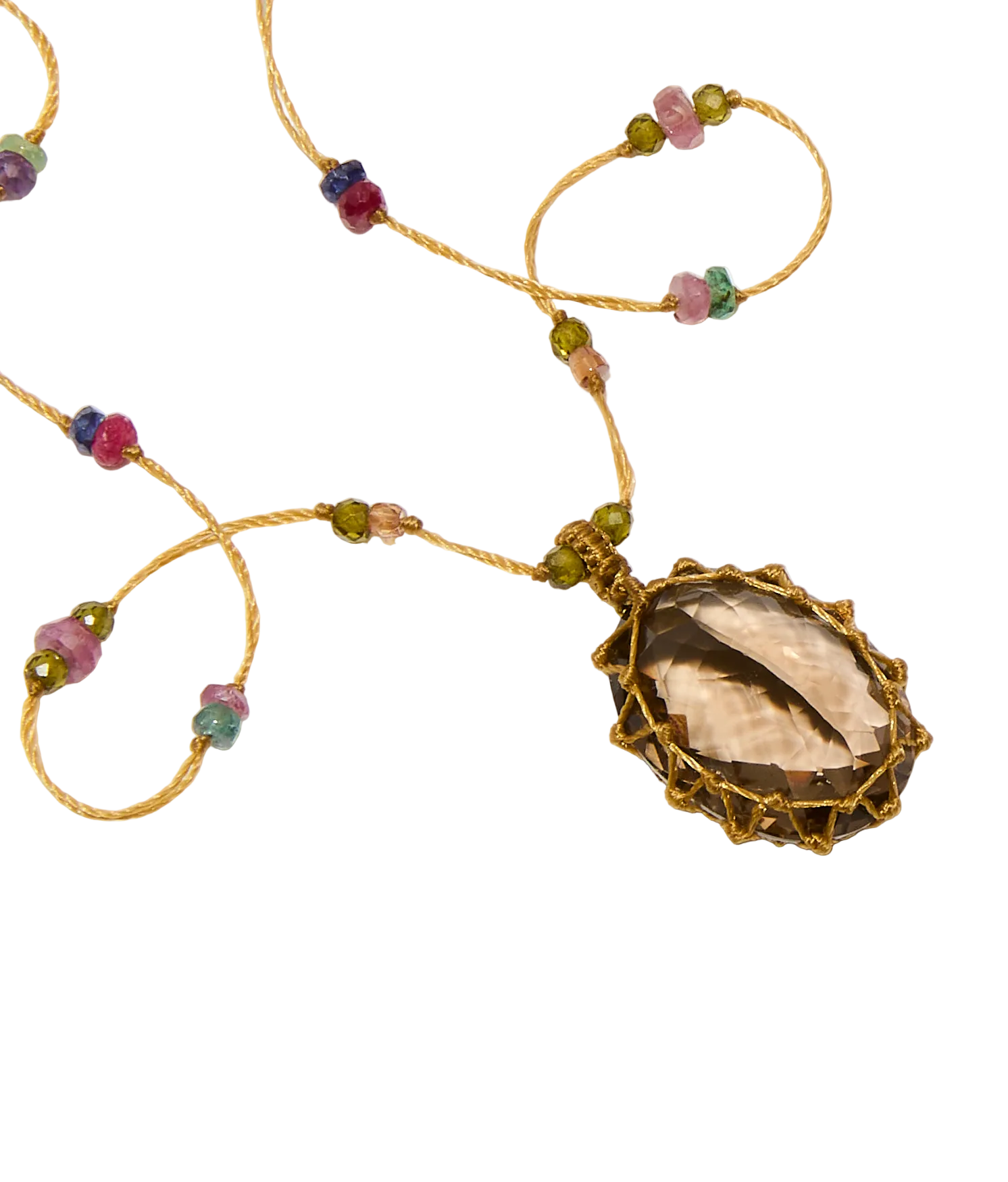 Long Tibetan Necklace - Smoked Quartz - Multi-Stone Mix - Tobacco Thread