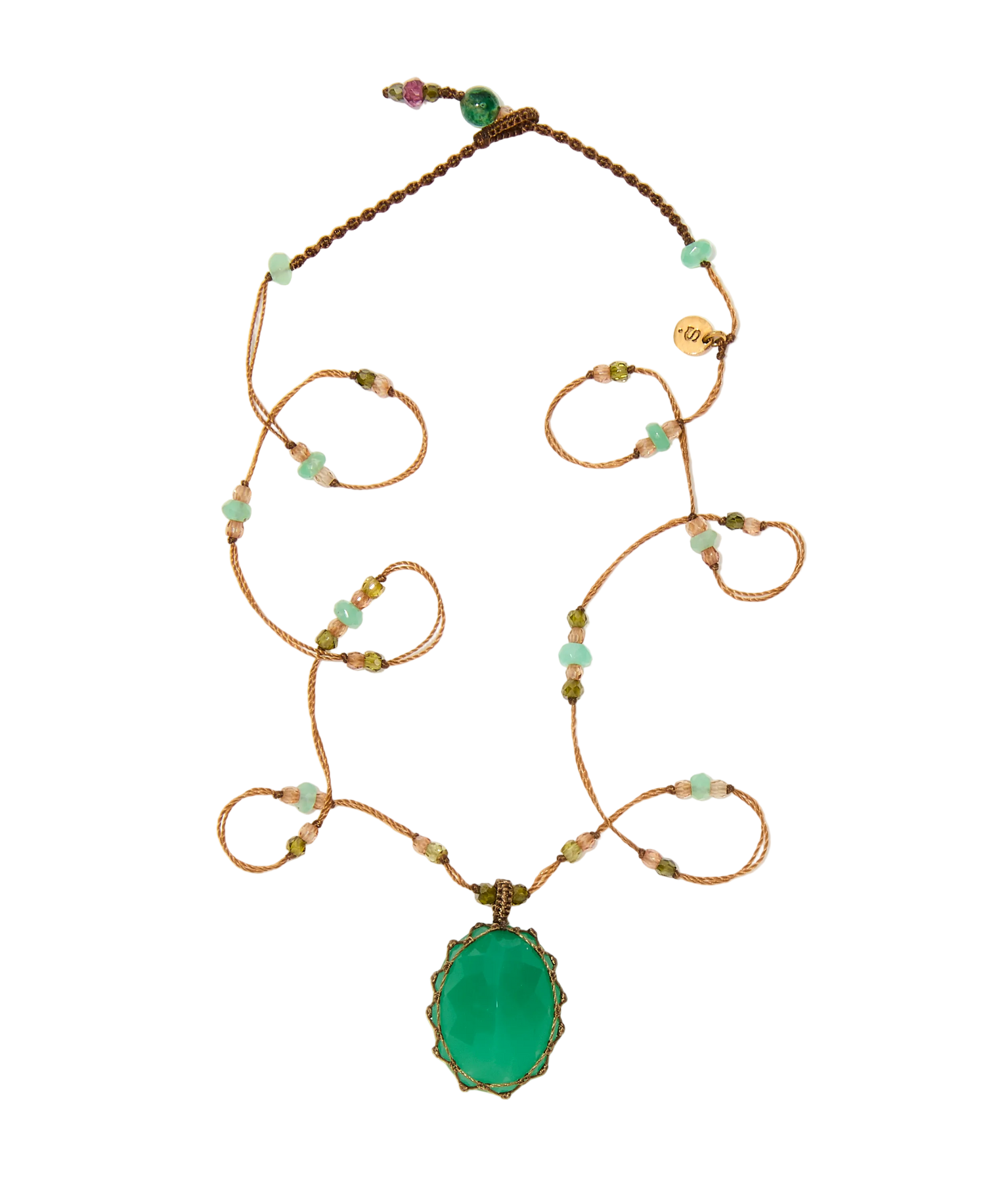 Short Tibetan Necklace - Orange Onyx - Rose Tourmaline Mix - Beige Thread