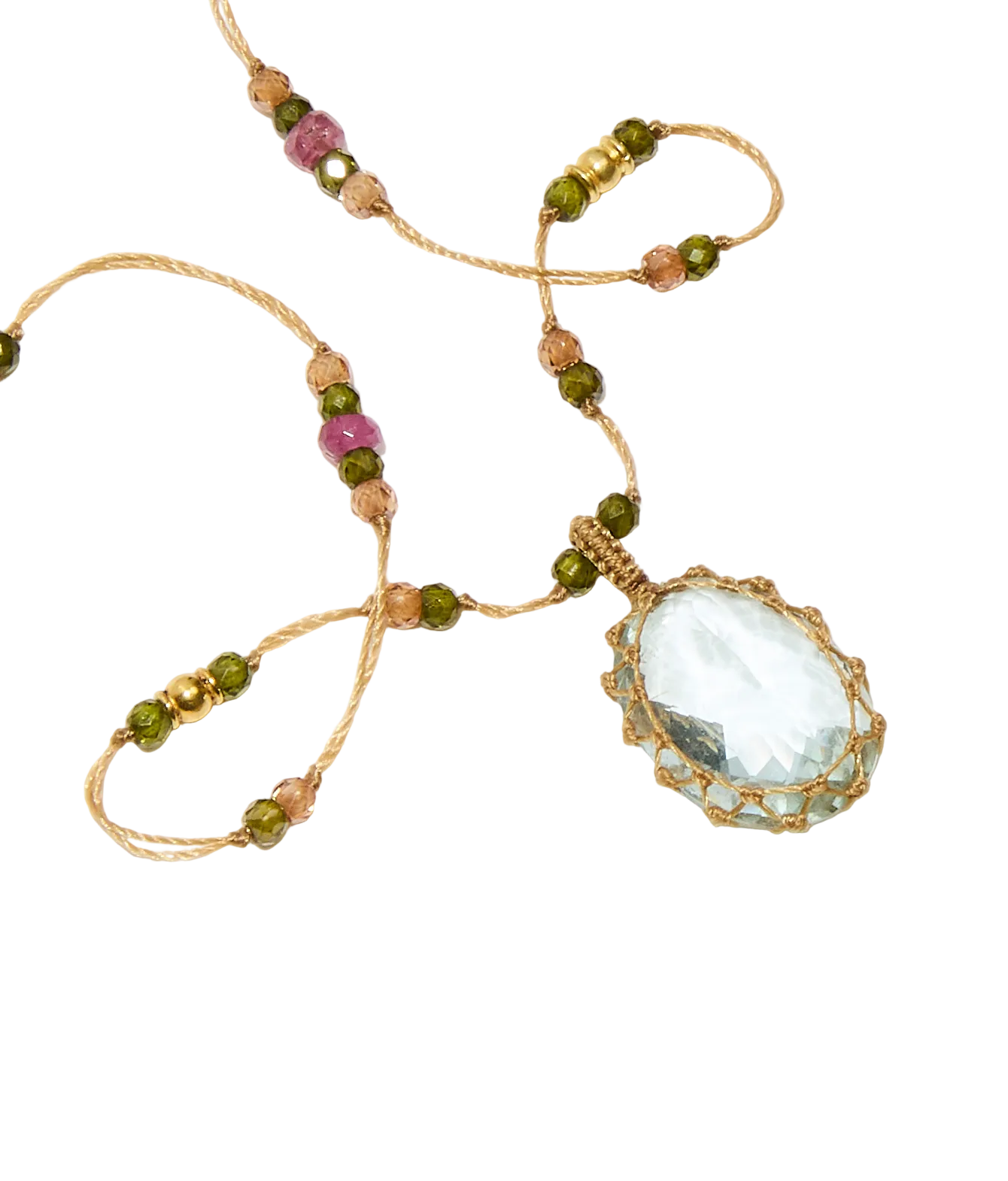 So Precious Collier Court Tibétain - Aigue Marine - Mix Tourmaline Rose - Fil Beige wird zu: So Edel Halskette Kurz Tibetisch - Aigue Marine - Mix Rosenquarz - Beiger Faden