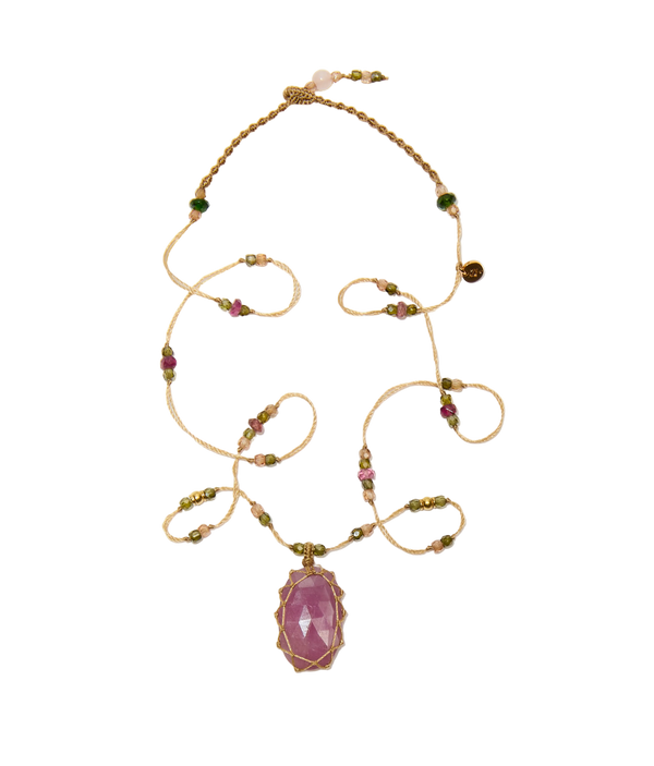 So Precious Collier Court Tibétain - Corundum Rose - Mix Tourmaline - Fil Beige