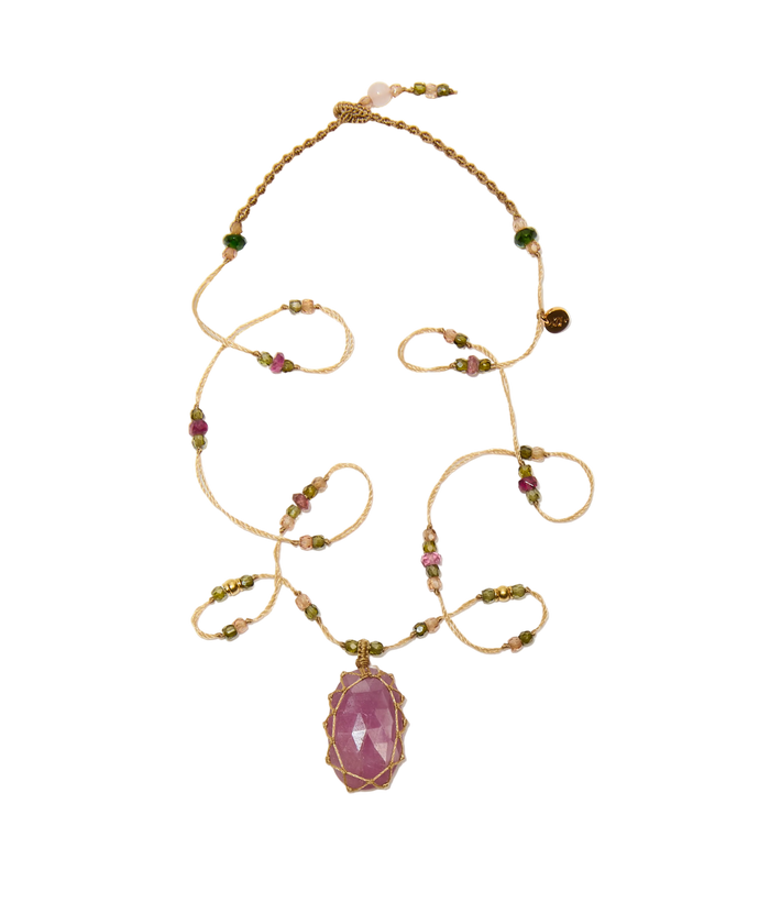 So Precious Short Tibetan Necklace - Rose Corundum - Ruby Mix - Beige Thread