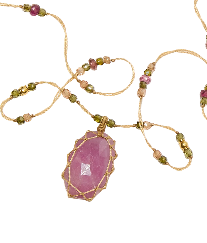 So Precious Short Tibetan Necklace - Rose Corundum - Ruby Mix - Beige Thread