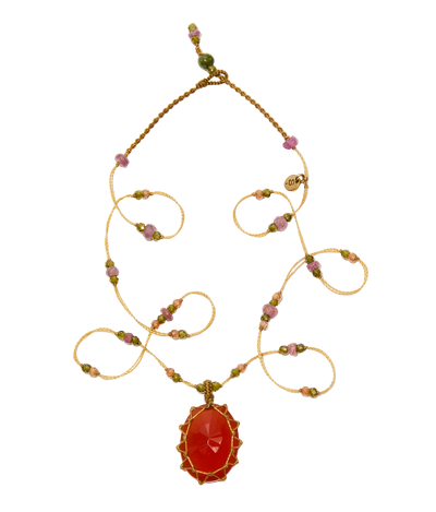 Collana Corta Tibetana - Onice Arancione - Mix Tormalina Rosa - Filo Beige