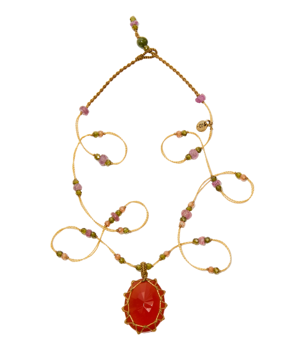 Collier Court Tibétain - Onyx Orange - Mix Tourmaline Rose - Fil Beige