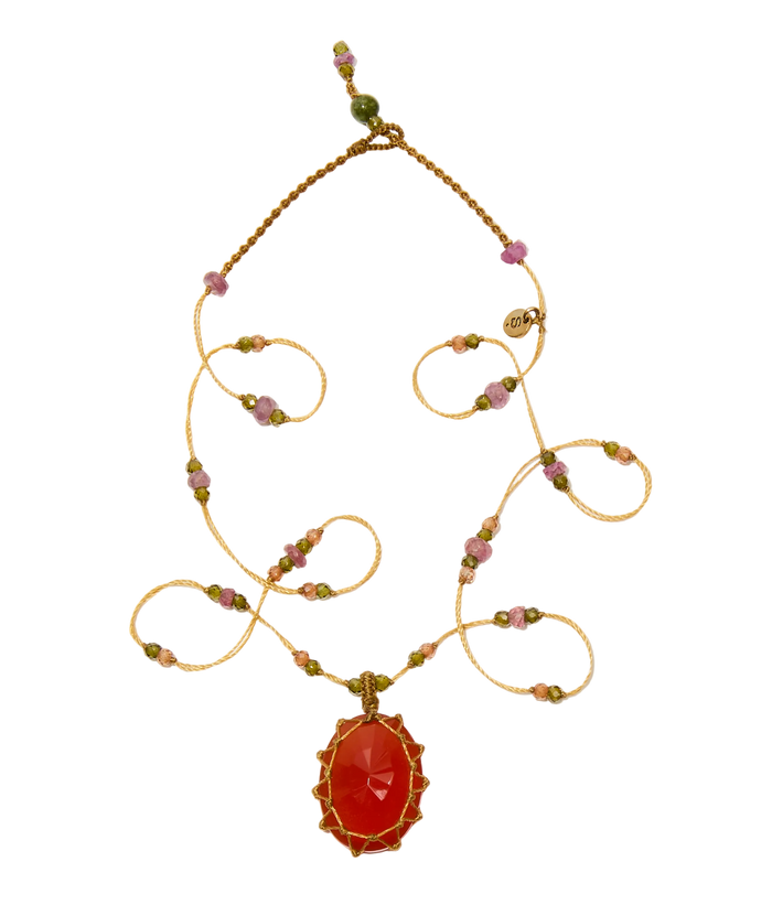 Collier Court Tibétain - Onyx Orange - Mix Tourmaline Rose - Fil Beige
