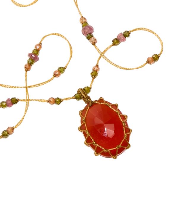 Collier Court Tibétain - Onyx Orange - Mix Tourmaline Rose - Fil Beige