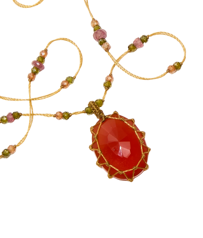 Collier Court Tibétain - Onyx Orange - Mix Tourmaline Rose - Fil Beige