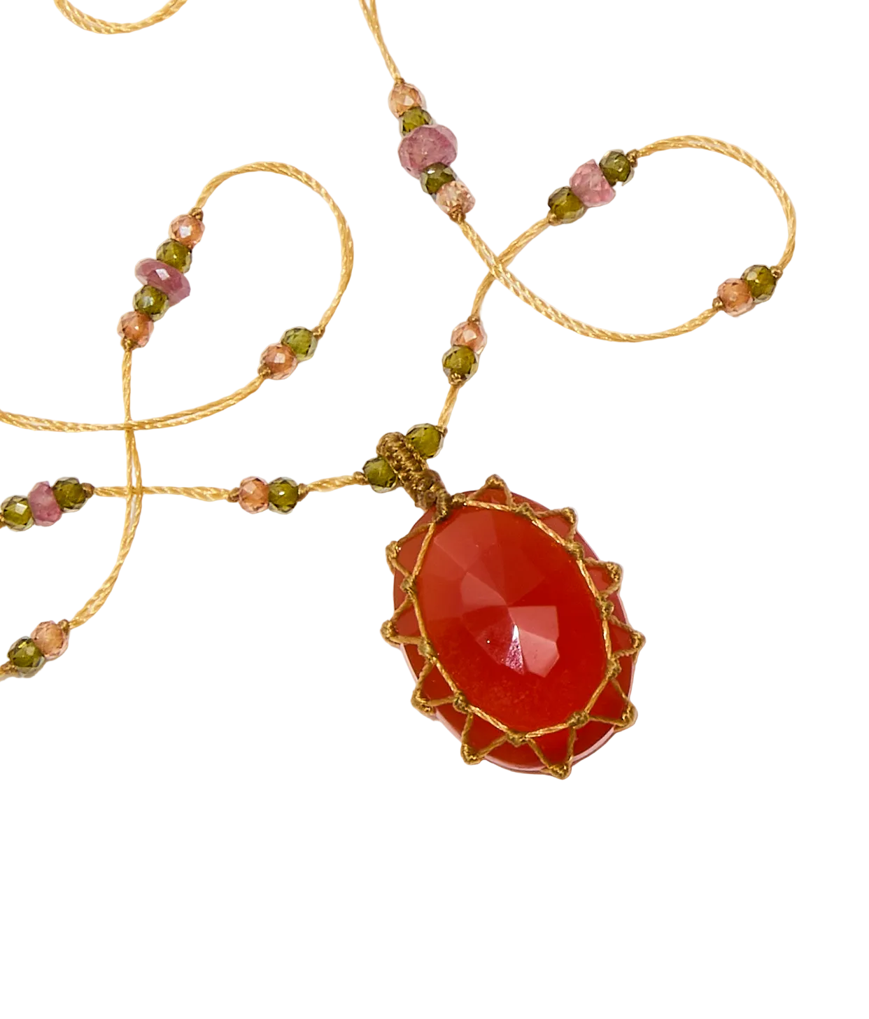 Collier Court Tibétain - Onyx Orange - Mix Tourmaline Rose - Fil Beige wird zu: Halskette Kurz Tibetisch - Orange Onyx - Mischung Rosa Turmalin - Beiger Faden