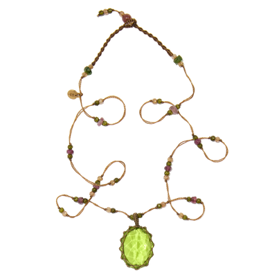 Collier court tibétain - Indian Glass Peridot - Mix Tourmaline Rose - Fil Beige