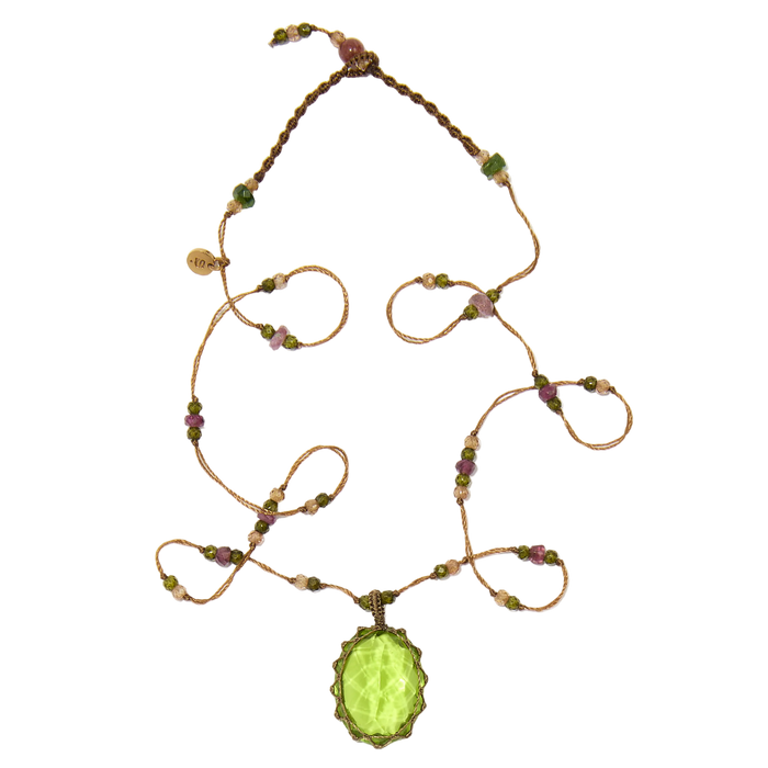 Collier court tibétain - Indian Glass Peridot - Mix Tourmaline Rose - Fil Beige