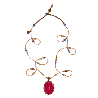 Collier court tibétain - Calcédoine rose - Mix Emeraude - Fil Beige