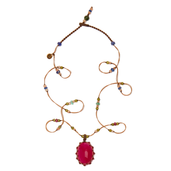 Collier court tibétain - Calcédoine rose - Mix Emeraude - Fil Beige