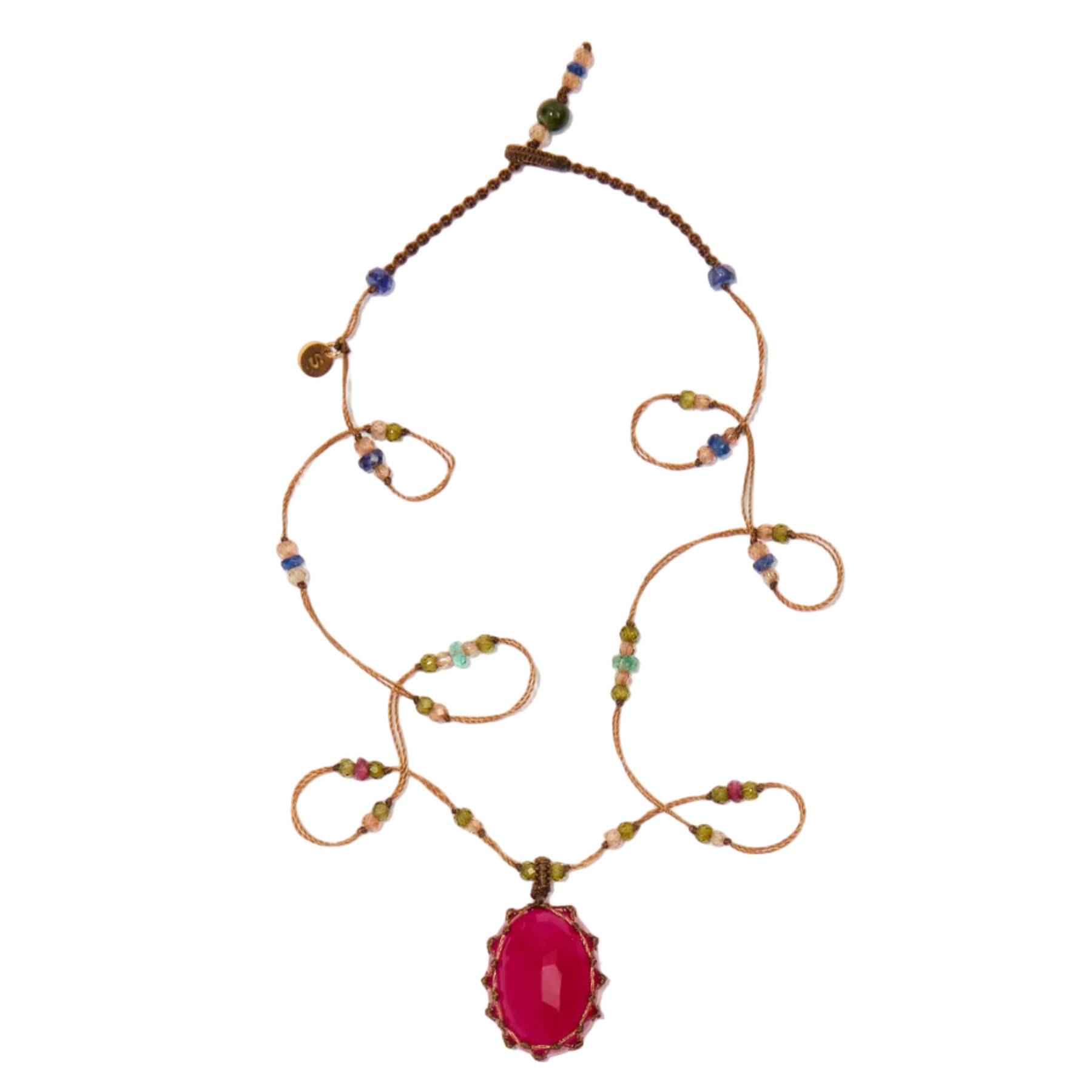 Collier court tibétain - Calcédoine rose - Mix Emeraude - Fil Beige