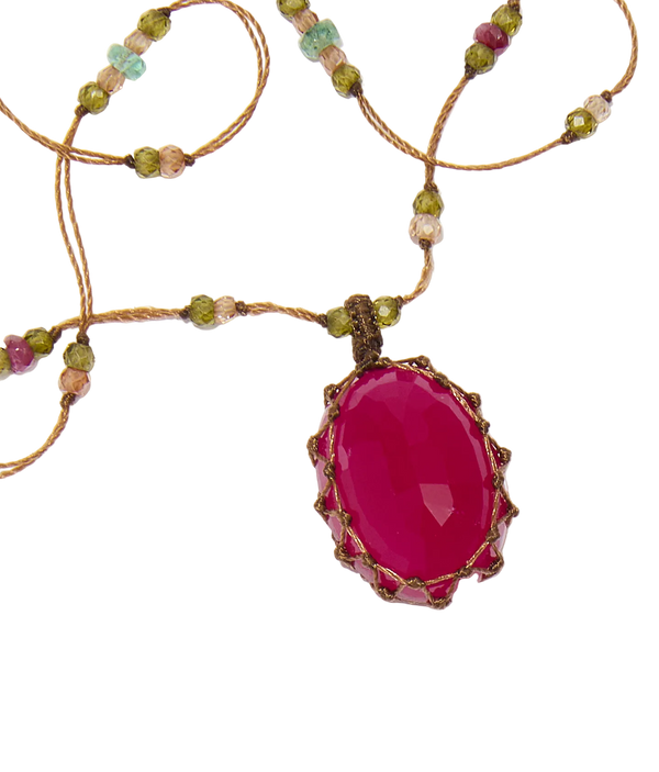 Collier court tibétain - Calcédoine rose - Mix Emeraude - Fil Beige