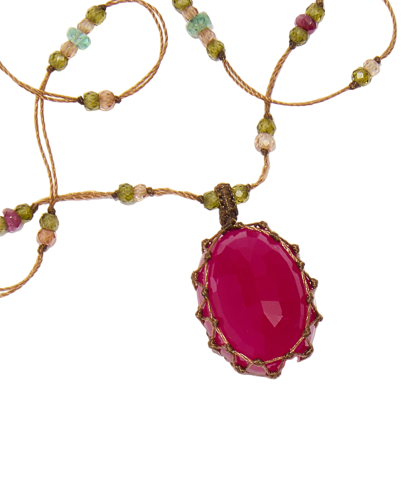 Collier court tibétain - Calcédoine rose - Mix Emeraude - Fil Beige