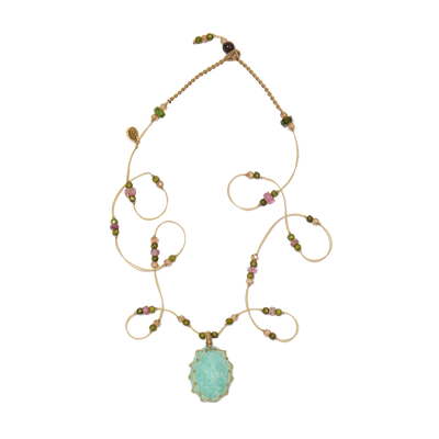 Collier Court Tibétain - Amazonite Bleue - Mix Tourmaline - Fil Beige