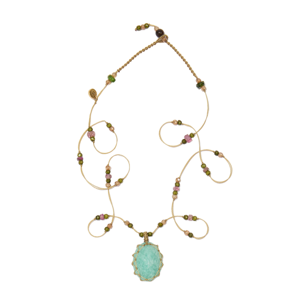 Collier Court Tibétain - Amazonite Bleue - Mix Tourmaline - Fil Beige
