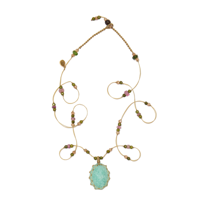 Collier Court Tibétain - Amazonite Bleue - Mix Tourmaline - Fil Beige