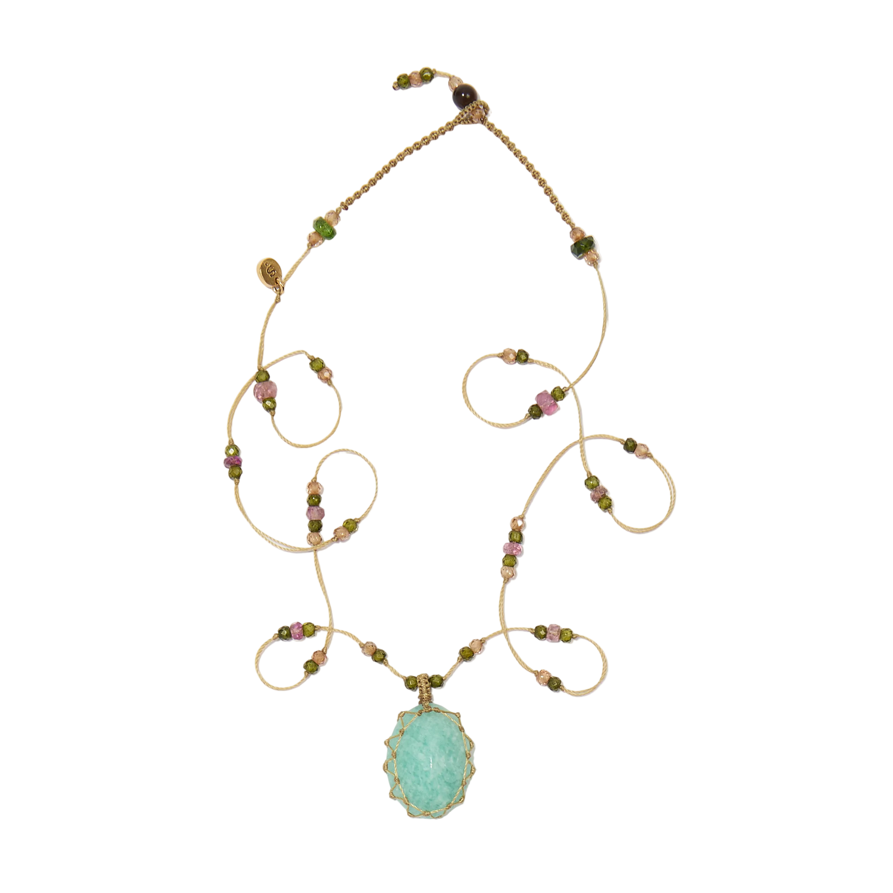 Collier Court Tibétain - Amazonite Bleue - Mix Tourmaline - Fil Beige